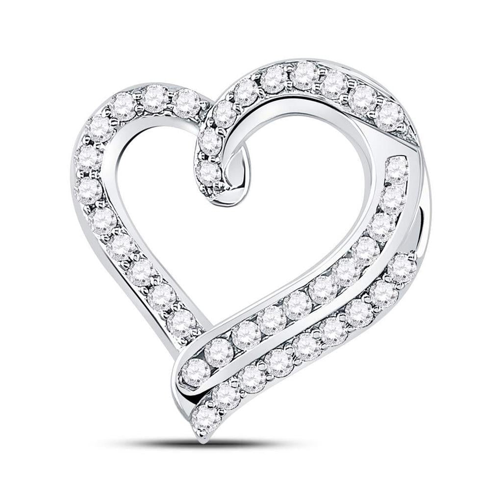 14k White Gold Round Diamond Heart Pendant 1 Cttw
