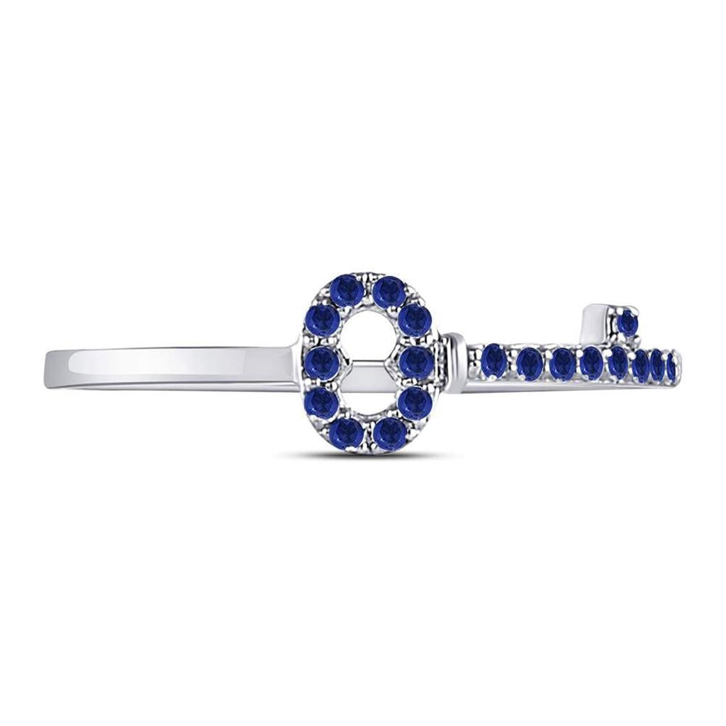 14kt White Gold Round Blue Sapphire Key Stackable Band Ring 1/5 Cttw