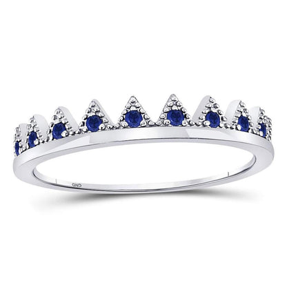 14kt White Gold Round Blue Sapphire Chevron Stackable Band Ring 1/10 Cttw