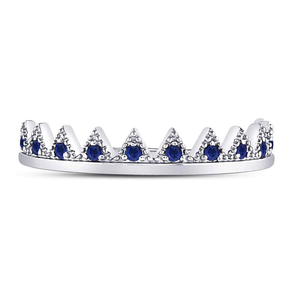 14kt White Gold Round Blue Sapphire Chevron Stackable Band Ring 1/10 Cttw