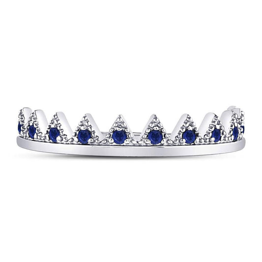 14kt White Gold Round Blue Sapphire Chevron Stackable Band Ring 1/10 Cttw