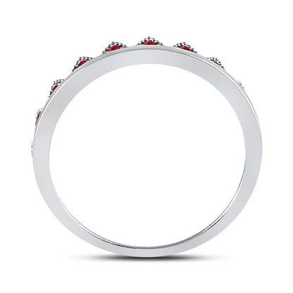 14kt White Gold Round Ruby Beaded Chevron Stackable Band Ring 1/10 Cttw