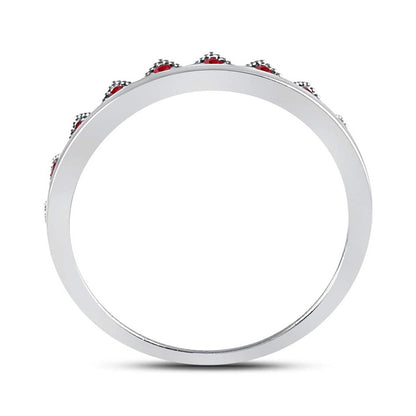 14kt White Gold Round Ruby Beaded Chevron Stackable Band Ring 1/10 Cttw
