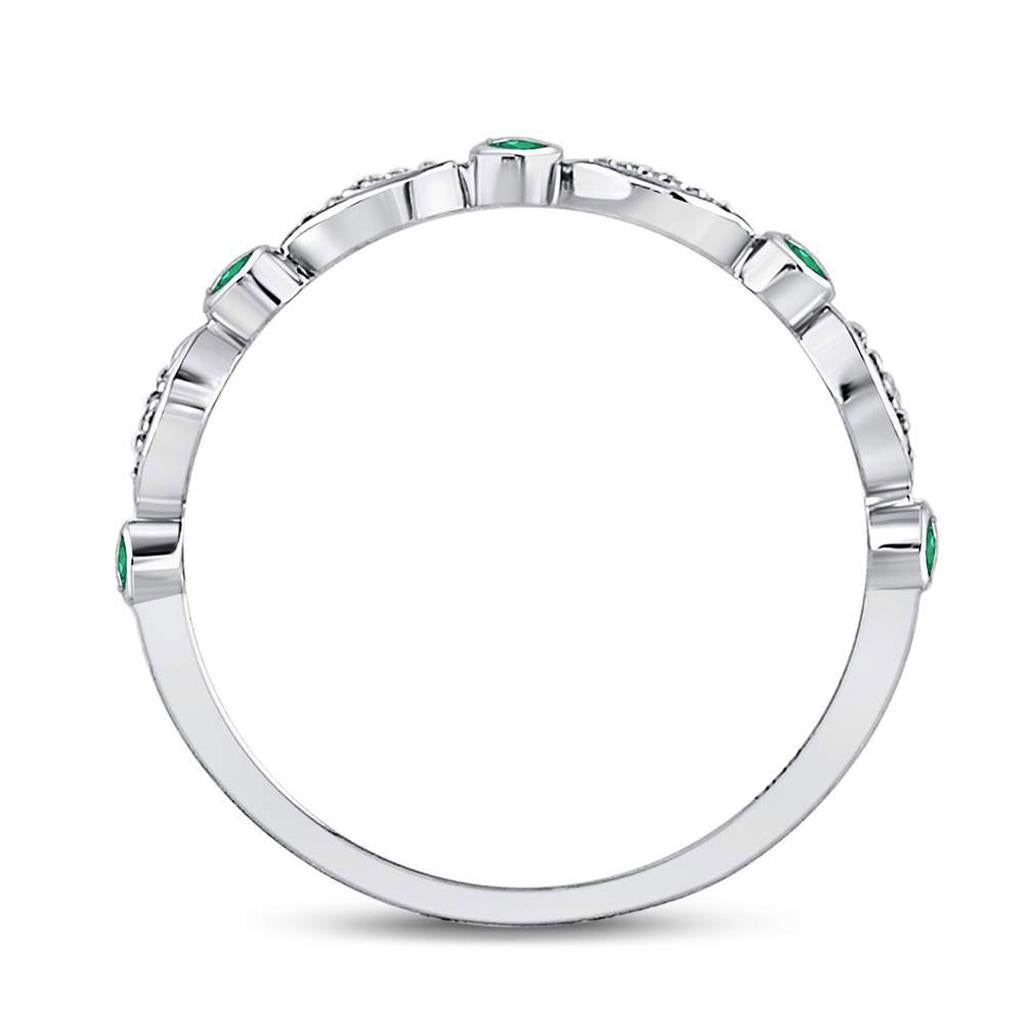 14k White Gold Round Emerald Diamond Marquise Dot Stackable Band Ring 1/8 Cttw