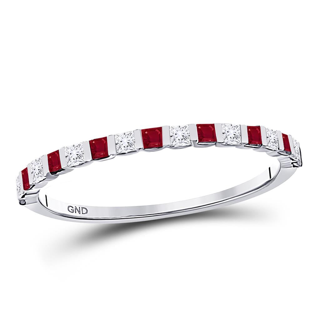 14k White Gold Princess Ruby Diamond Alternating Stackable Band Ring 3/8 Cttw