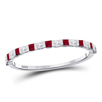 14k White Gold Princess Ruby Diamond Alternating Stackable Band Ring 3/8 Cttw