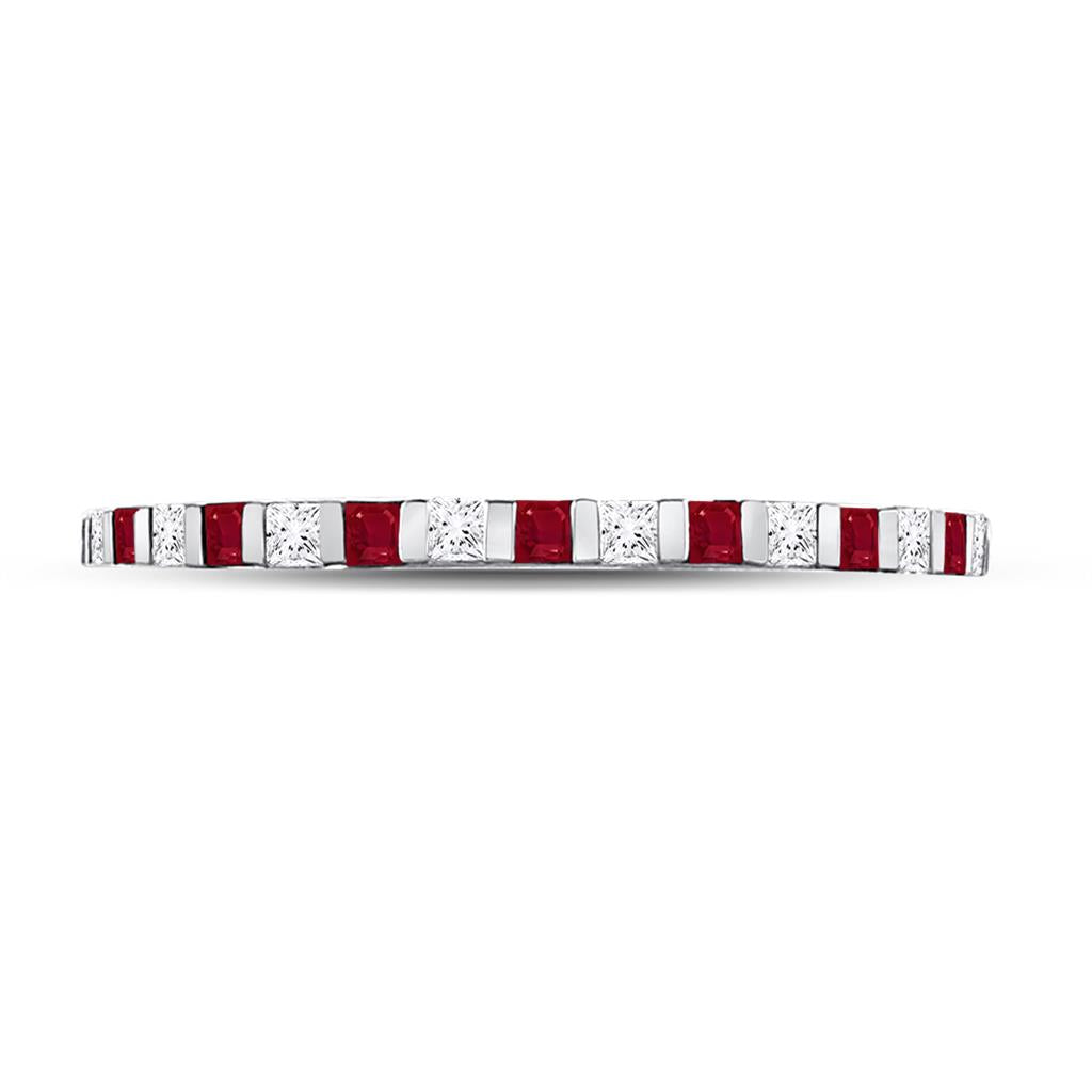 14k White Gold Princess Ruby Diamond Alternating Stackable Band Ring 3/8 Cttw