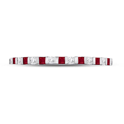 14k White Gold Princess Ruby Diamond Alternating Stackable Band Ring 3/8 Cttw