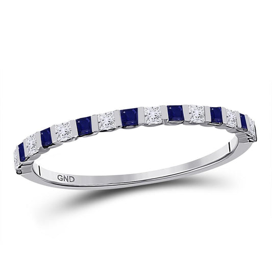 14k White Gold Princess Blue Sapphire Diamond Stackable Band Ring 3/8 Cttw