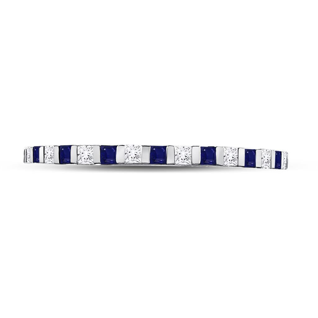 14k White Gold Princess Blue Sapphire Diamond Stackable Band Ring 3/8 Cttw