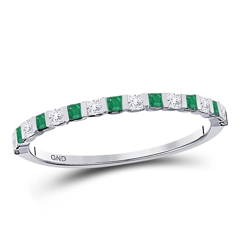 14k White Gold Princess Emerald Diamond Alternating Stackable Band Ring 1/3 Cttw