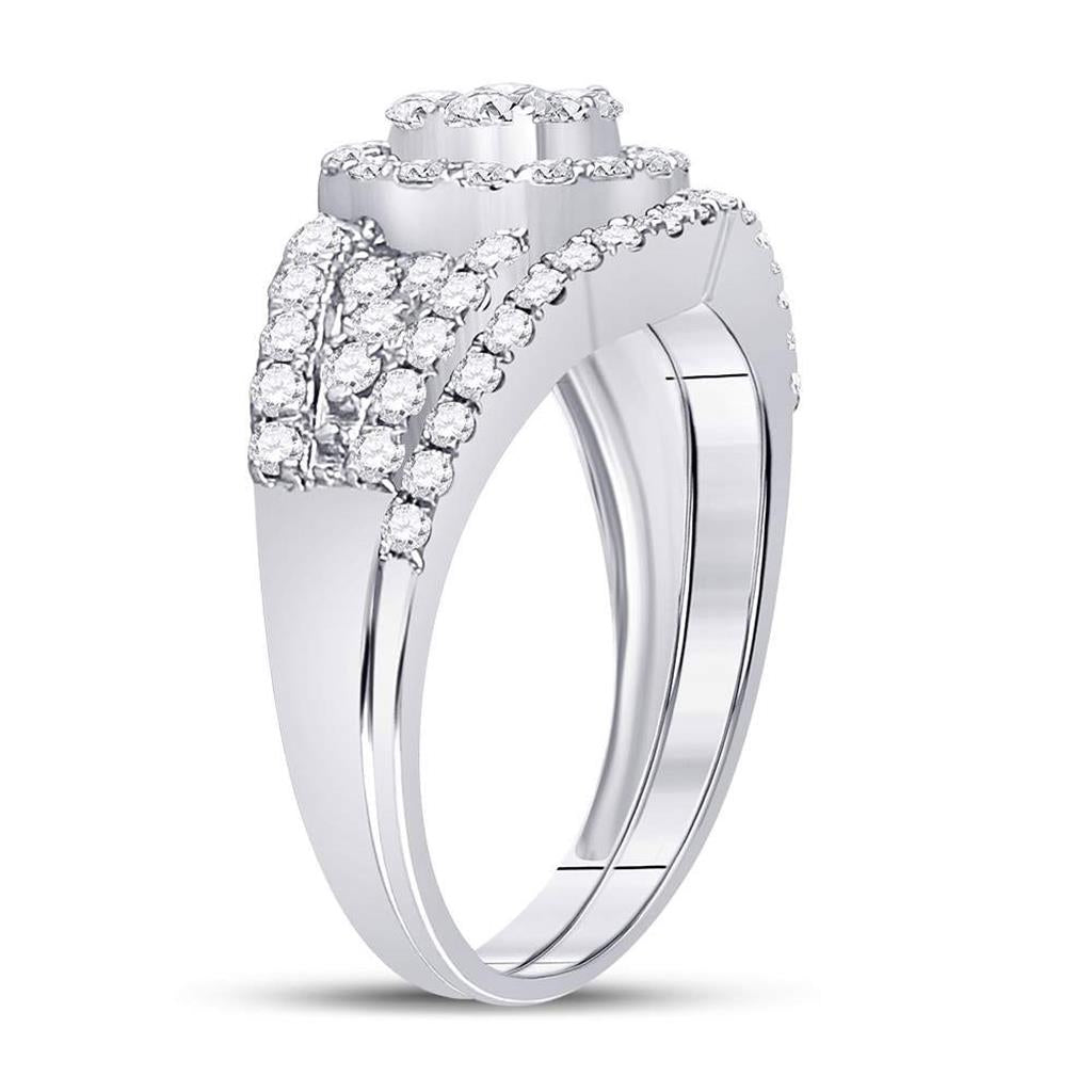 14k White Gold Round Diamond Cluster Bridal Wedding Ring Set 1 Cttw
