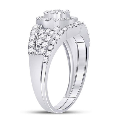14k White Gold Round Diamond Cluster Bridal Wedding Ring Set 1 Cttw