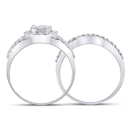 14k White Gold Round Diamond Cluster Bridal Wedding Ring Set 1 Cttw