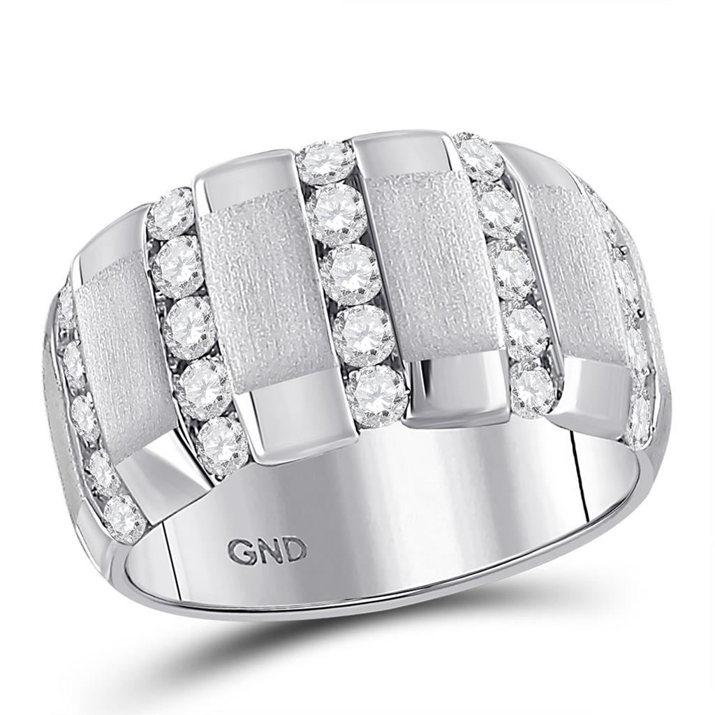 14k White Gold Round Diamond Striped Matte Wedding Band Ring 1-1/2 Cttw