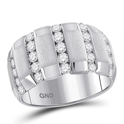 14k White Gold Round Diamond Striped Matte Wedding Band Ring 1-1/2 Cttw