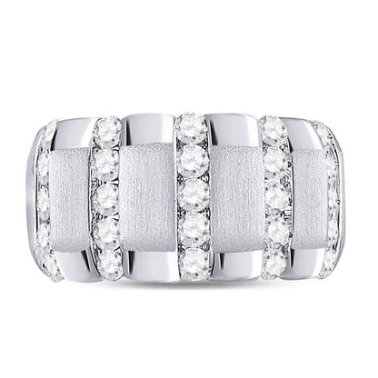 14k White Gold Round Diamond Striped Matte Wedding Band Ring 1-1/2 Cttw