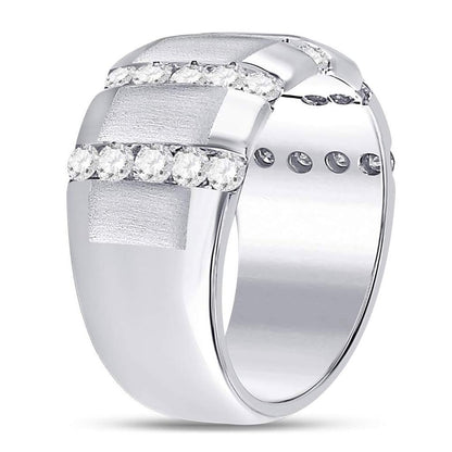 14k White Gold Round Diamond Striped Matte Wedding Band Ring 1-1/2 Cttw