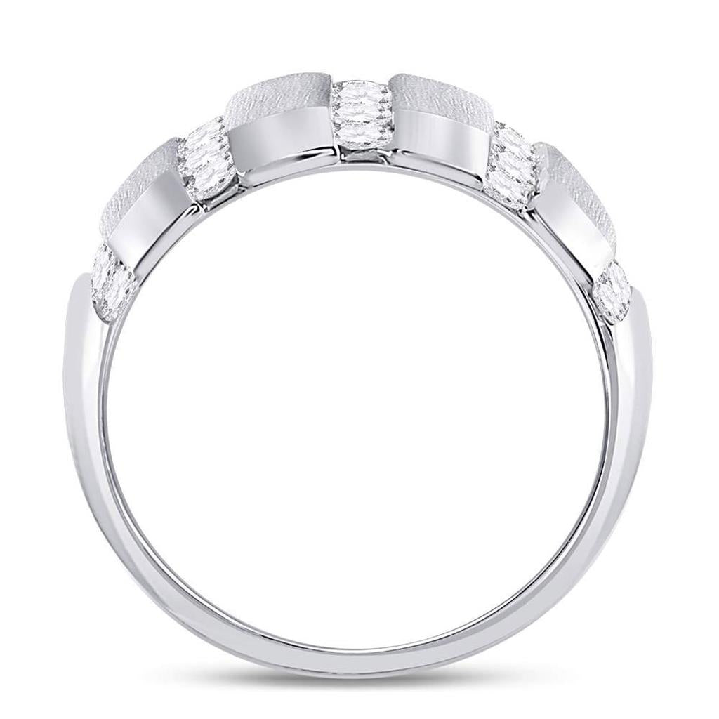 14k White Gold Round Diamond Striped Matte Wedding Band Ring 1-1/2 Cttw