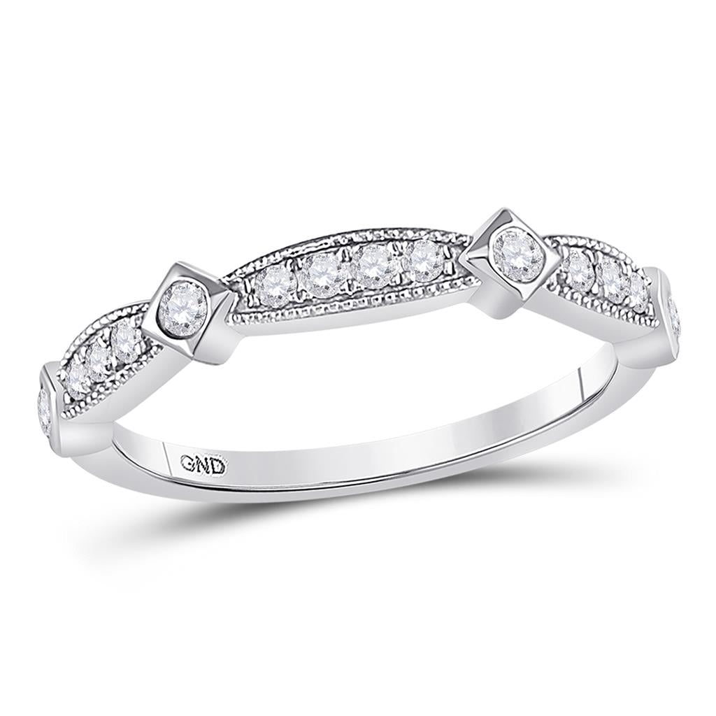 14k White Gold Round Diamond Milgrain Pinched Band Ring 1/4 Cttw