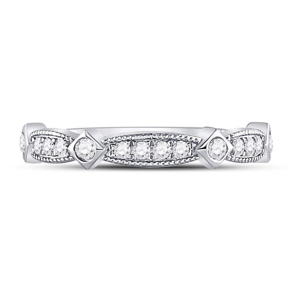 14k White Gold Round Diamond Milgrain Pinched Band Ring 1/4 Cttw