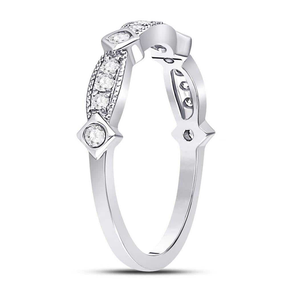 14k White Gold Round Diamond Milgrain Pinched Band Ring 1/4 Cttw