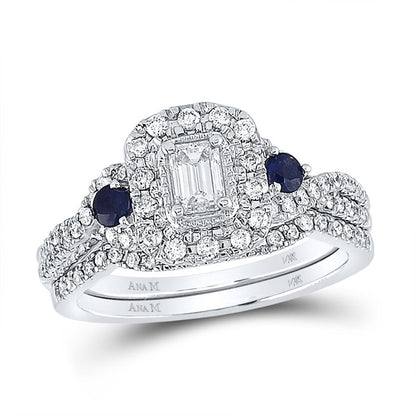 14k White Gold Emerald Diamond Bridal Wedding Ring Set 3/4 Cttw (Certified)