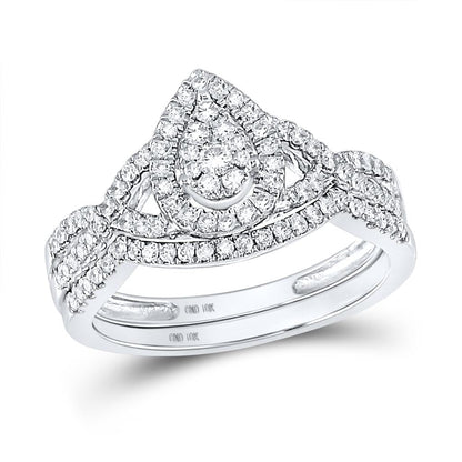 14k White Gold Round Diamond Teardrop Bridal Wedding Ring Set 1/2 Cttw