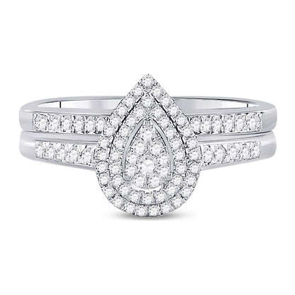 14k White Gold Round Diamond Pear-shape Bridal Wedding Ring Set 1/3 Cttw