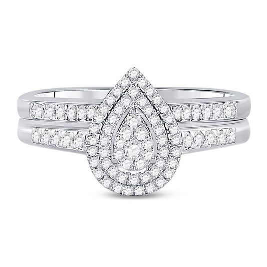 14k White Gold Round Diamond Pear-shape Bridal Wedding Ring Set 1/3 Cttw