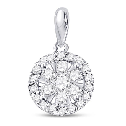 14k White Gold Round Diamond Halo Flower Cluster Pendant 1/2 Cttw