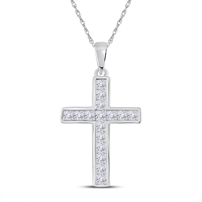 14k White Gold Princess Diamond Cross Pendant 5/8 Cttw