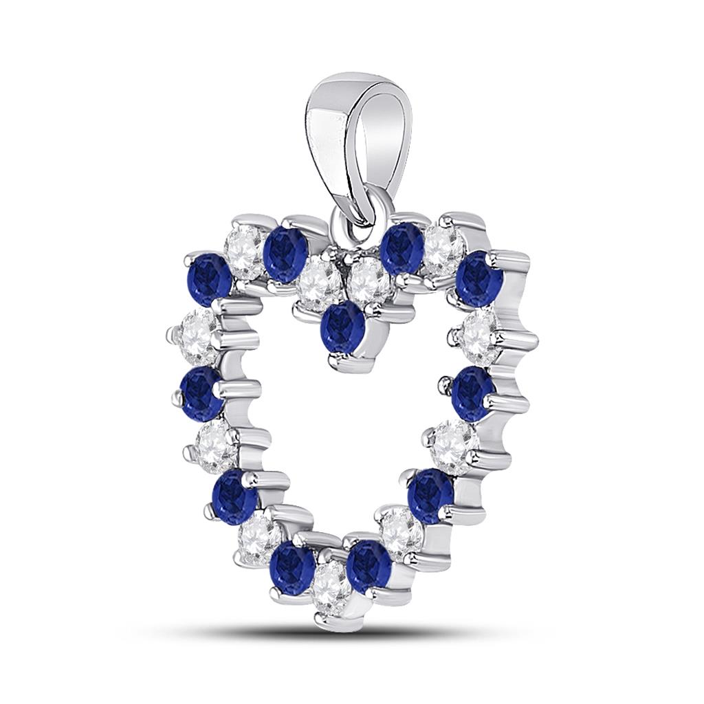 14k White Gold Round Blue Sapphire Diamond Heart Pendant 1/2 Cttw