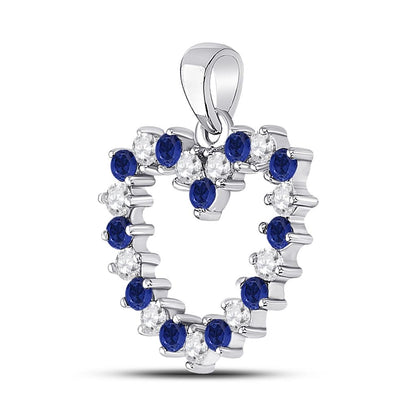 14k White Gold Round Blue Sapphire Diamond Heart Pendant 1/2 Cttw