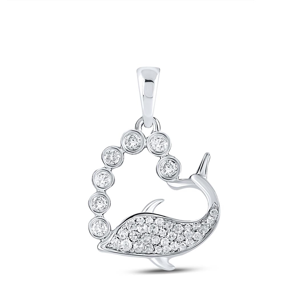 14k White Gold Round Diamond Whale Heart Pendant 1/4 Cttw