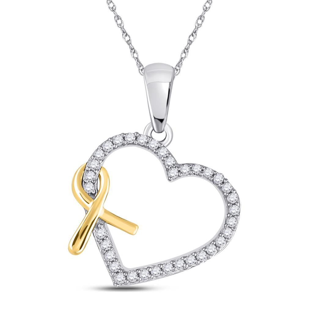 14k White Gold Round Diamond Ribbon Heart Pendant 1/6 Cttw