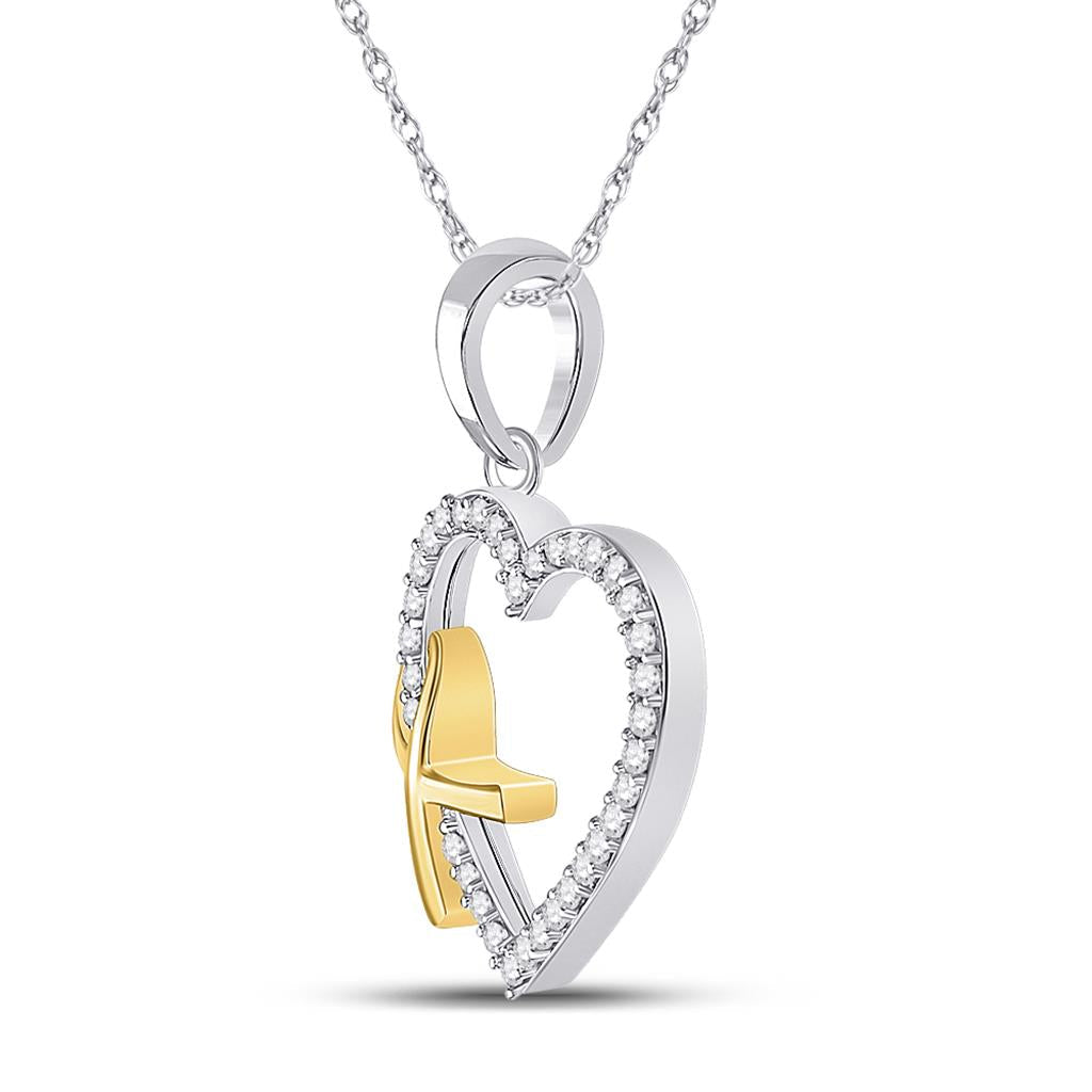 14k White Gold Round Diamond Ribbon Heart Pendant 1/6 Cttw