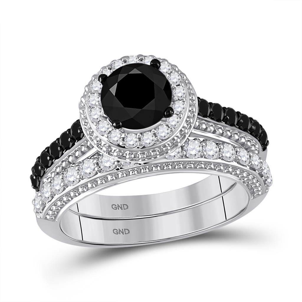 14k White Gold Round Black Diamond Bridal Wedding Ring Set 2-1/5 Cttw