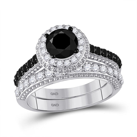 14k White Gold Round Black Diamond Bridal Wedding Ring Set 2-1/5 Cttw