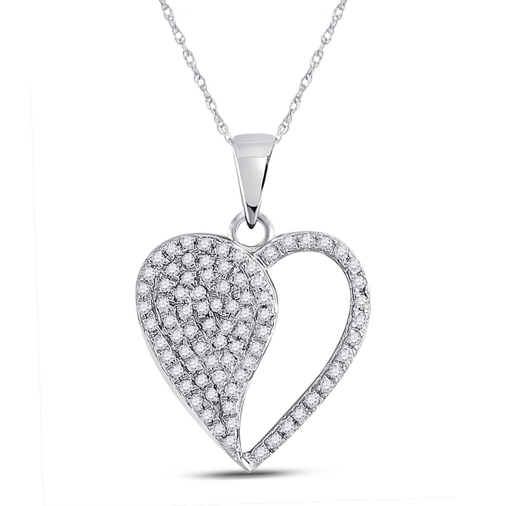 14k White Gold Round Diamond Modern Heart Pendant 1/3 Cttw