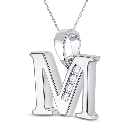 14k White Gold Round Diamond M Initial Letter Pendant 1/20 Cttw