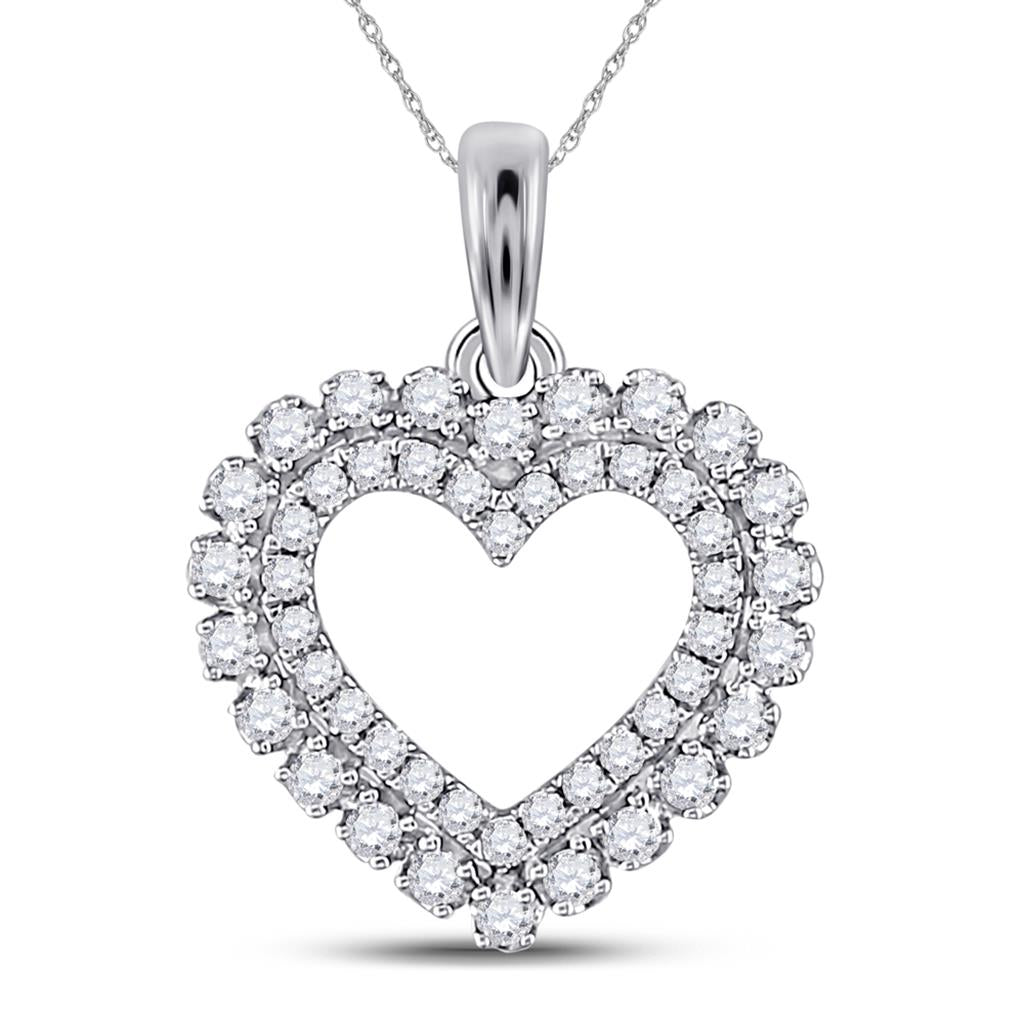 14k White Gold Round Diamond Outline Heart Pendant 3/8 Cttw