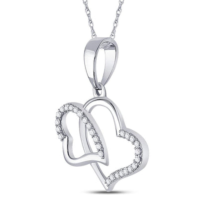 14k White Gold Round Diamond Double Heart Pendant 1/6 Cttw