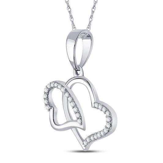 14k White Gold Round Diamond Double Heart Pendant 1/6 Cttw