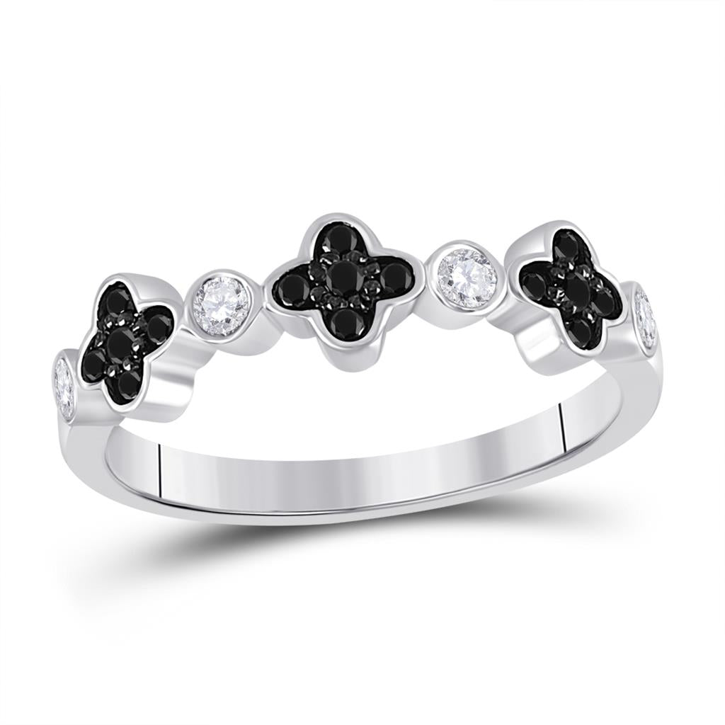 14k White Gold Round Black Diamond Clover Band Ring 1/4 Cttw