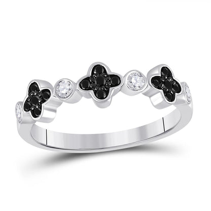14k White Gold Round Black Diamond Clover Band Ring 1/4 Cttw