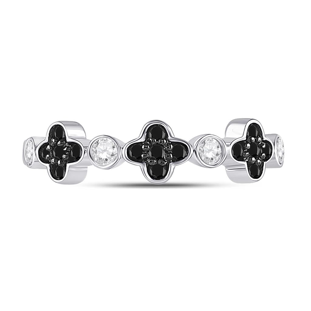 14k White Gold Round Black Diamond Clover Band Ring 1/4 Cttw
