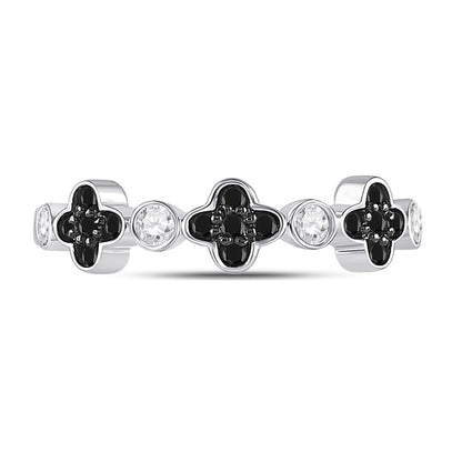 14k White Gold Round Black Diamond Clover Band Ring 1/4 Cttw
