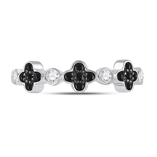 14k White Gold Round Black Diamond Clover Band Ring 1/4 Cttw