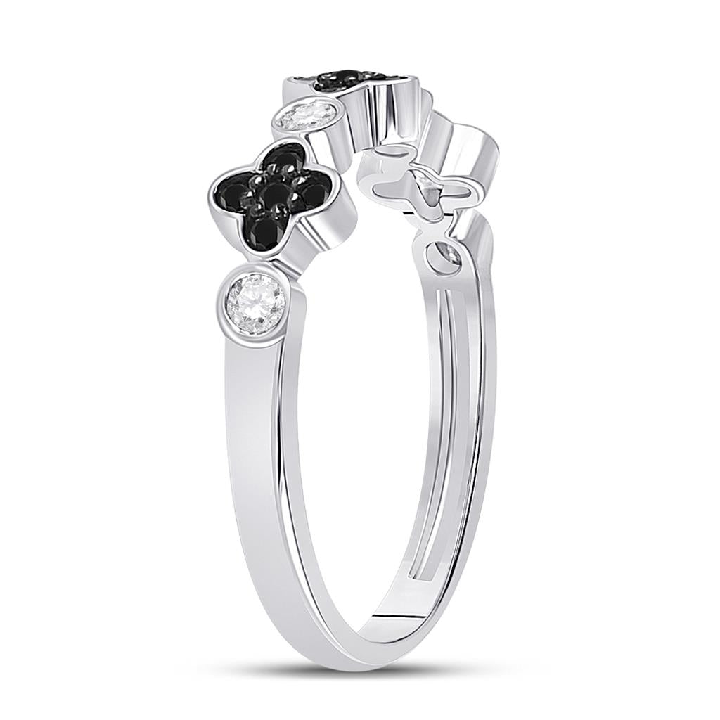 14k White Gold Round Black Diamond Clover Band Ring 1/4 Cttw